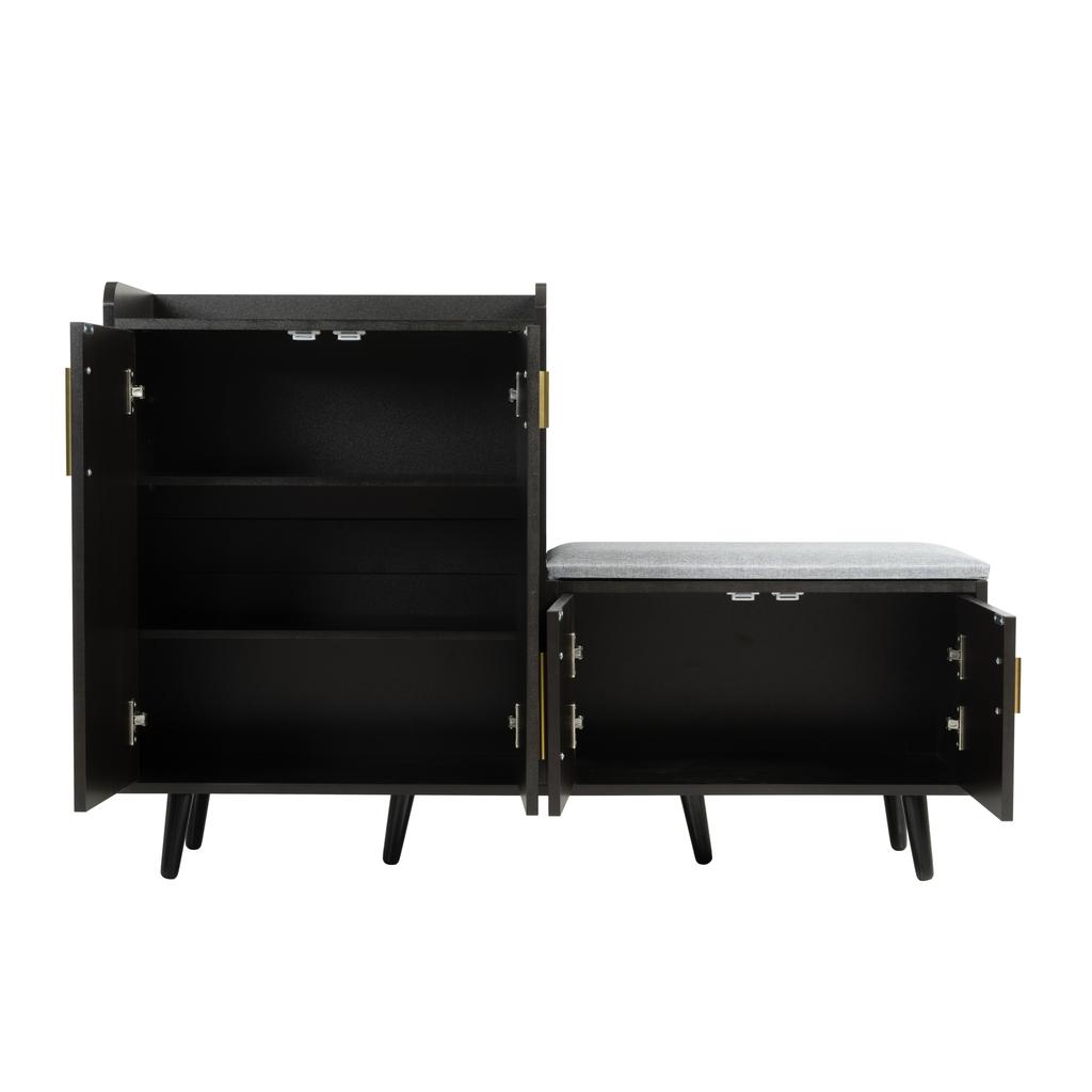 Modern Shoe Bench with Black Walnut Wood, Shoe Cabinet, Equipped with Four Storage Doors, Asymmetric Metal Handles, W120/D34/H82