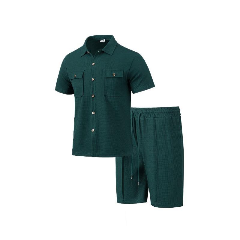 Men S Summer Workwear Short Sleeve Shirt Shorts Loose Waffle Set
