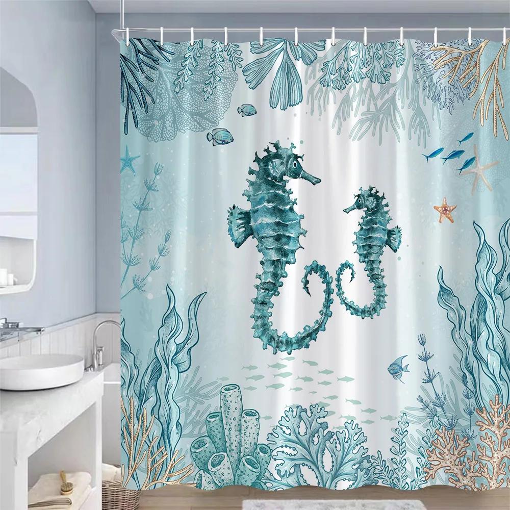 Meereslebewesen Duschvorhang Meeresschildkröten Seesterne Korallen Seetang Unterwasserlandschaft Polyester Badezimmer Vorhang Dekoration mit Haken