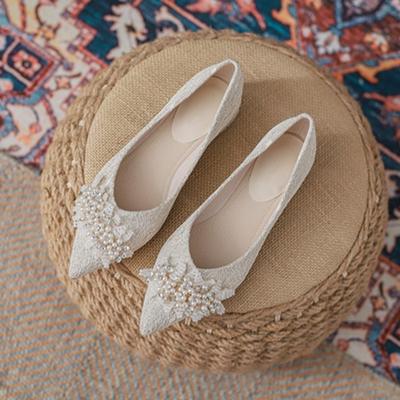 High Heels Women's Spring and Autumn New One-word Diamond Bead Crystal Wedding Shoes Thick Heel Pointed Bride Shoes Pumps Women