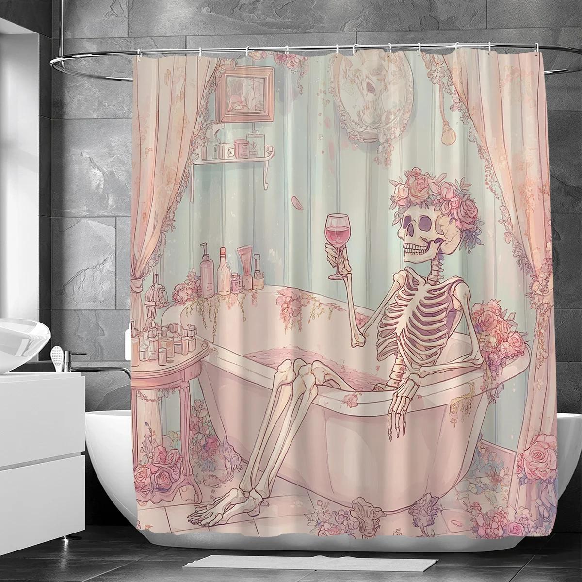 

1 шт. Розовая шторка для душа с цифровым принтом черепа ко Дню святого Валентина, машинная стирка, тканая, декоративная шторка с узором для ванной 120X180cm