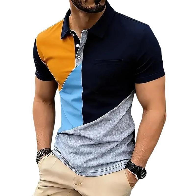 Summer Men's Irregular Splicing Polo Shirts Short Sleeve Breathable Casual Contrast Color Lapel Collar Streetwear Basic