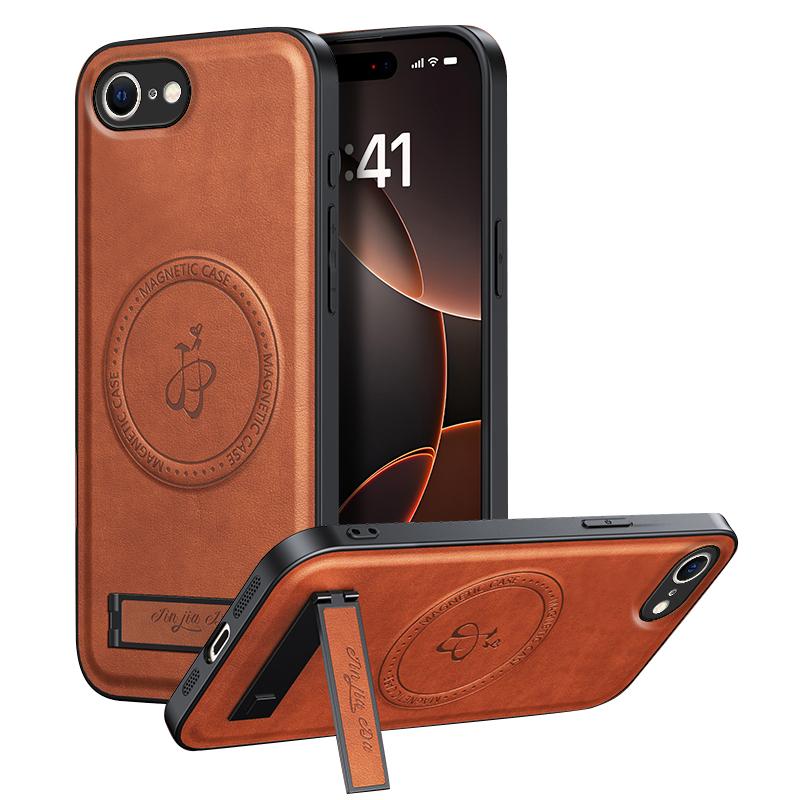 

For iPhone 16e Magnetic Case with Kickstand PU+TPU+PC Phone Back Cover Drop Resistant Brown