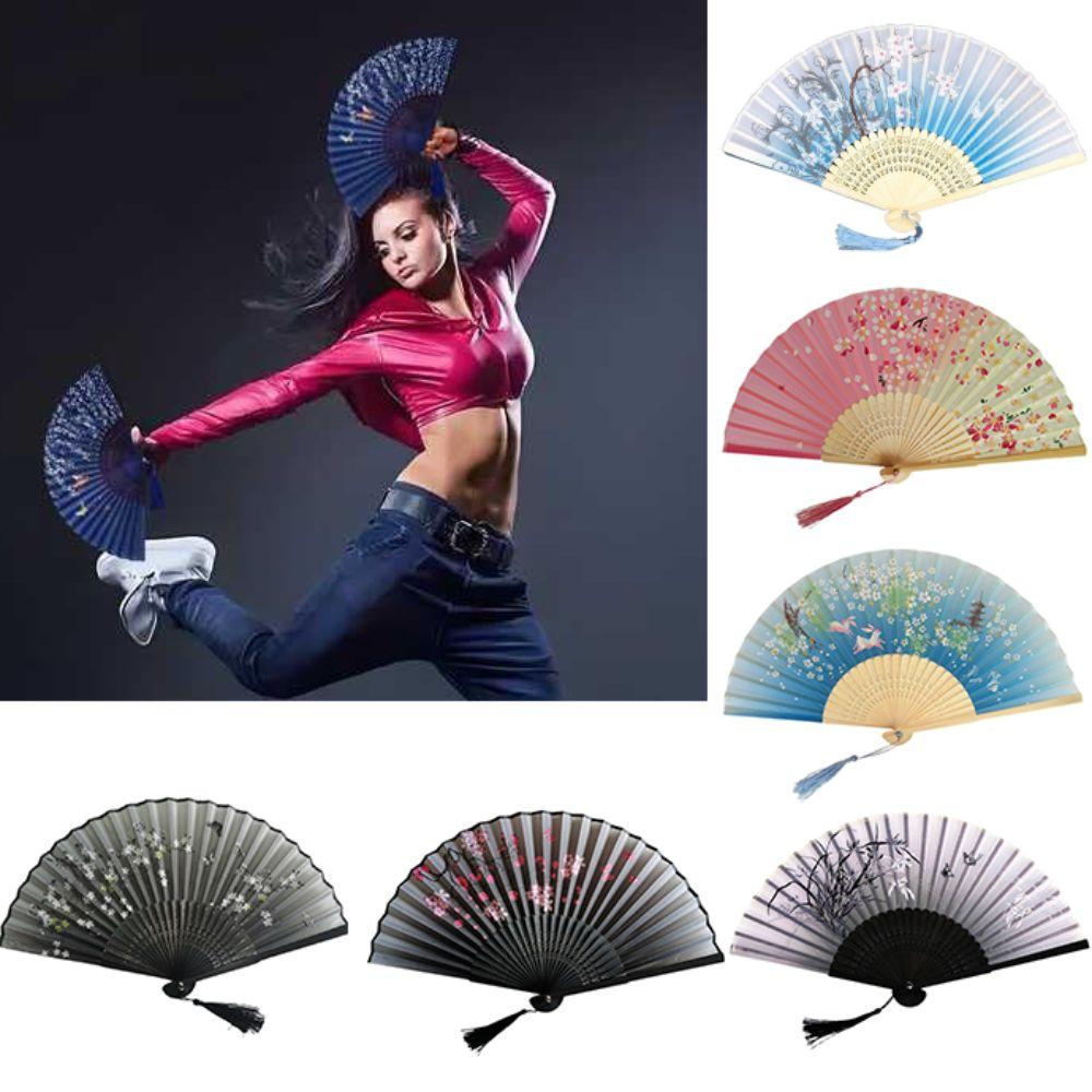 Flower Pattern Classical Folding Fan Tassel Cloth Art Chinese Style Fan Wooden handle Retro Classical Dancing Fan