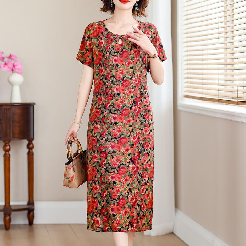 Elegant Long Dresses for Women Plus Size Loose Short Sleeve Vintage Dress Summer Middle-aged Women's Clothing