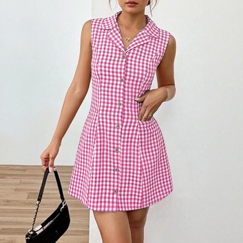 ZANZEA Women Grid Print Casual Turn Down Collar Sleeveless Dress S темно-розовый