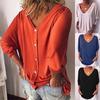 Koszula damska plus size luźna z dekoltem V zakładana przez głowę z rękawem trzy czwarte top damski casual ozdoba guziki wyściełane ramiona