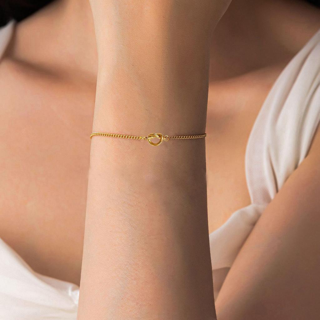 French-Inspired Gold Stainless Steel Heart Knot Bracelet for Women