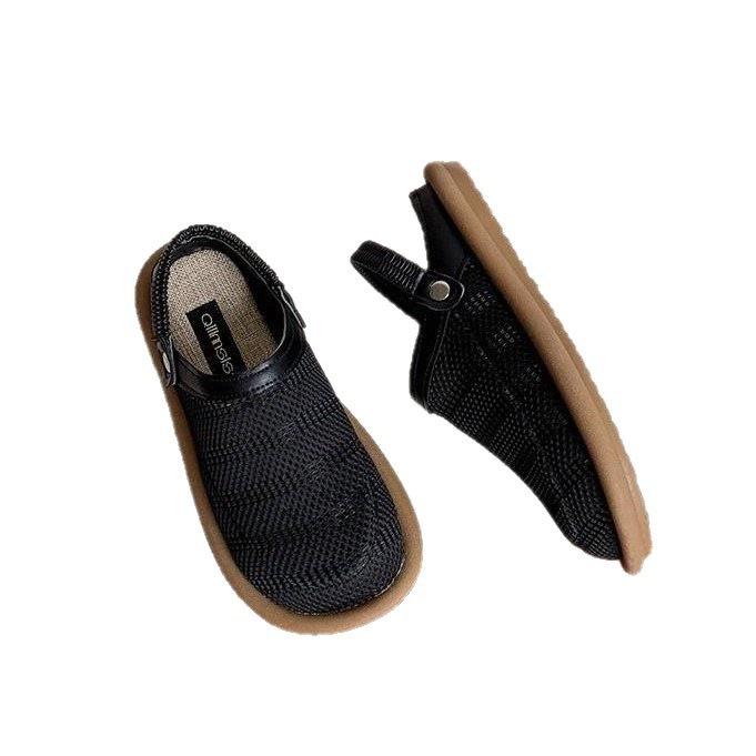 Summer Linen Sandals Wear Breathable Mesh Hole Shoes, One Shoe Two Wear Soft-soled Bag Head and Half Slippers