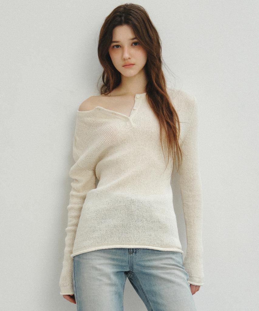 CITTA Light Sheer Henley Neck Knit_Ctk259(Cream)