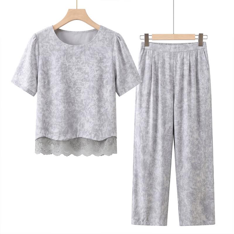 Yuzhaolin Mid-Aged Women s Summer Lace-Trim Cropped Pant Suit 4XL