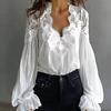 T-shirts Respirants Col en V Coupe Droite Manches Lanterne Blouse Hauts Élégants avec Inserts en Dentelle Dame