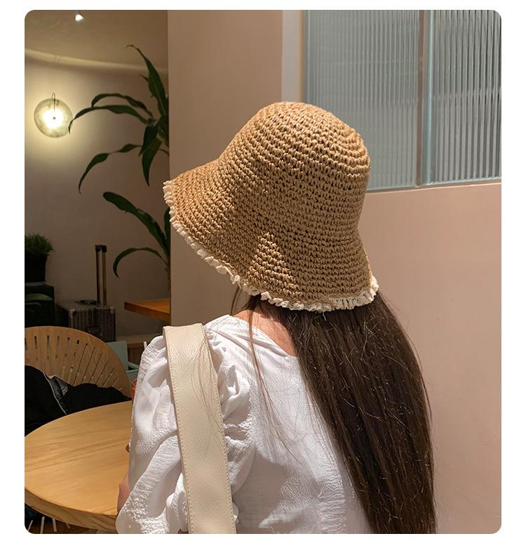 Pearl straw hat summer travel sunscreen sunshade bucket hat new straw seaside vacation net red hat