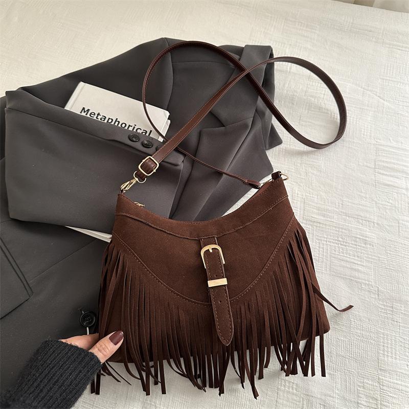 Korean Style Suede Faux Leather Square Bag Tassel Fringe Crossbody Shoulder Purse for Women