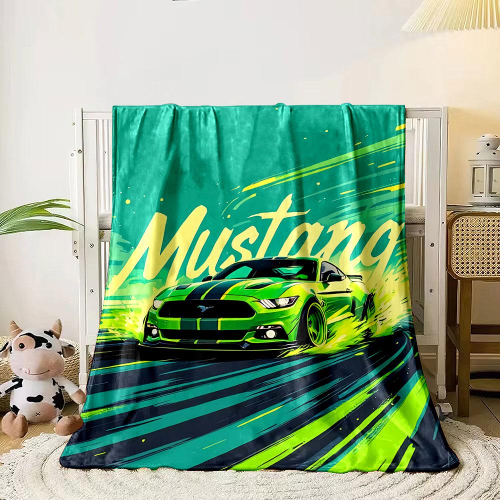 Green Mustang Drifting with Dynamic Streaks and Bold Typography Design. for All Seasons Blanket Lunch Break Throw Gift