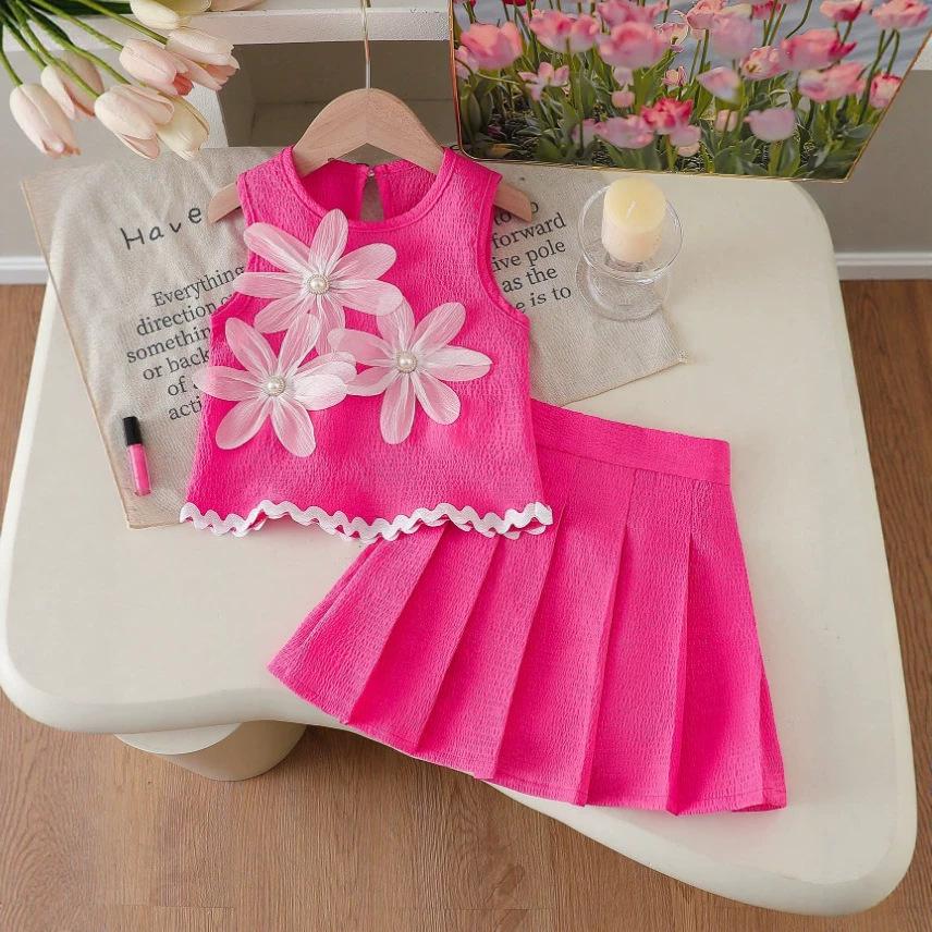 2026 Spring/Summer Girls Floral Sleeveless Top & Pleated Skirt Set 4 Years