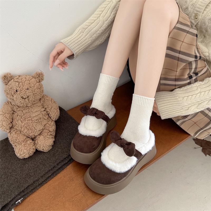 Cute bow cotton slippers women's shoes outer wear 2025 autumn and winter home thick-soled velvet warm stepping shit cotton shoes