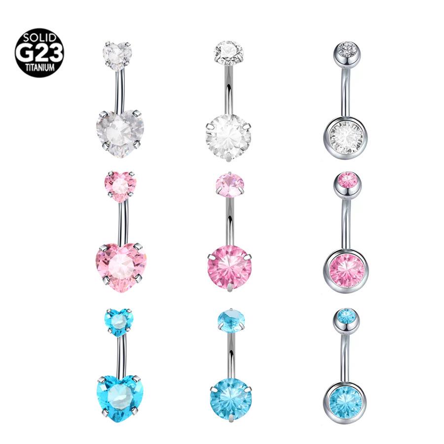 

G23 Titanium Heart-Shaped Zircon Navel Ring 1.6*10mm bar length