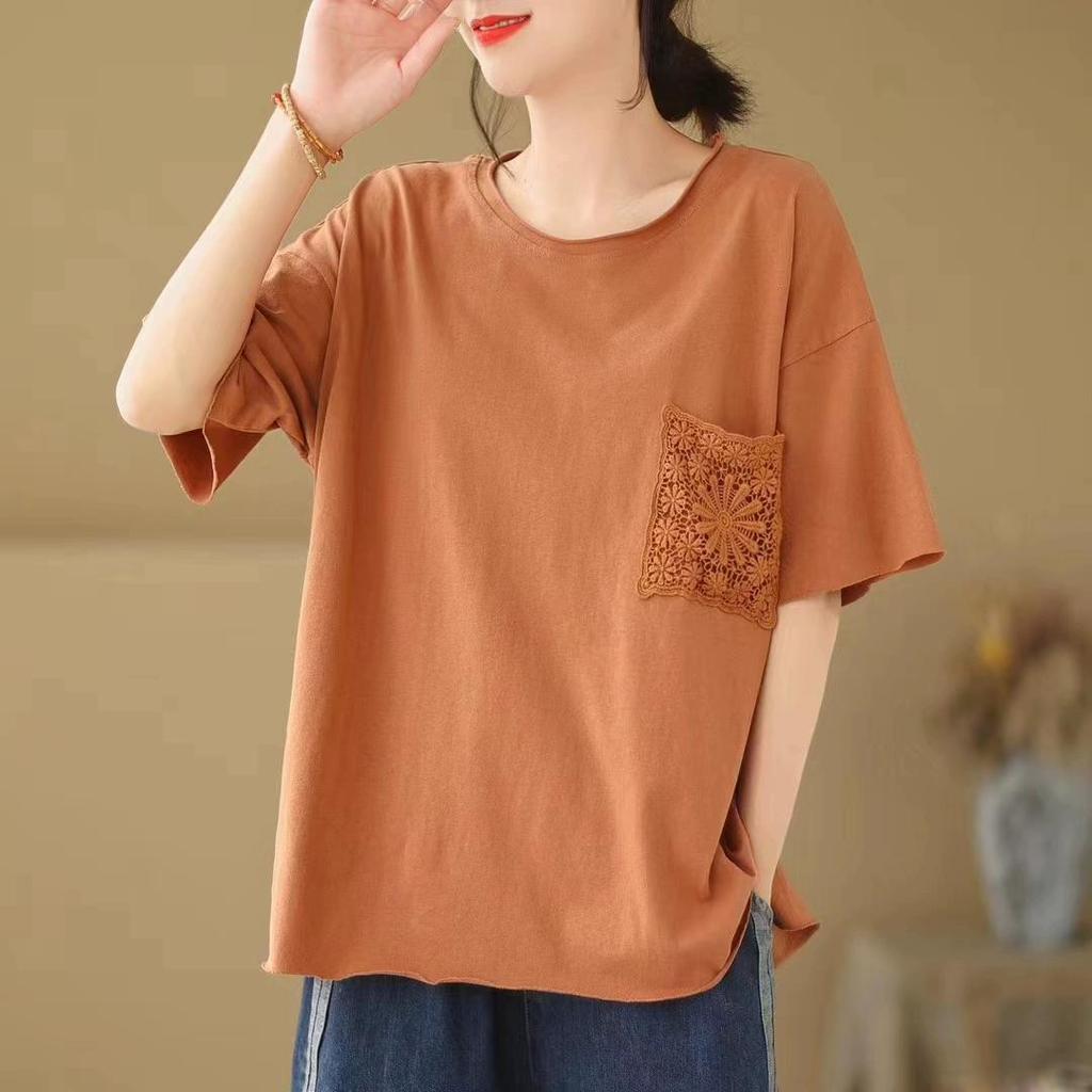 DIMANAF 2025 Sommer Solide Plus Größe Spitze Taschen T-shirt Frauen Kurzarm Lange Tasten Lose Tops Tees