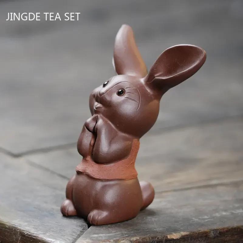 Yixing Purple Clay Tea Pet Rabbit Ornaments Handmade Mud Painted Animal Sculpture Tea Set Decoration Desktop Decore Crafts