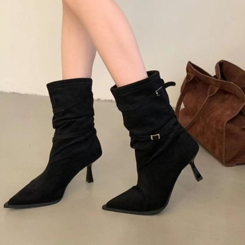 Fashionable Sharp Pointed Toe Thin Heel Mid-Calf Boot Women's Velvet Surface French Style High Heels Shoes Slim Short Boot Women