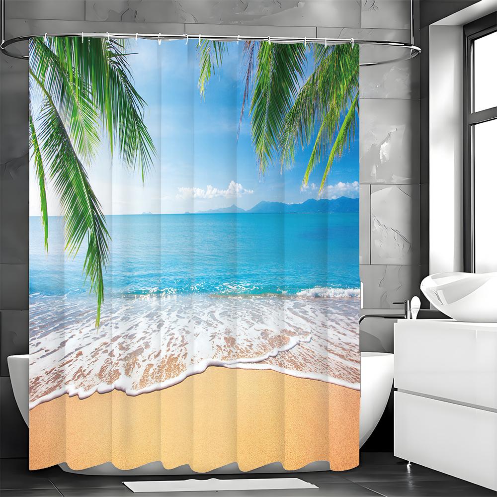 Ocean Beach Coconut Tree Shower Curtain, Bathroom Decorative Shower Curtain, Waterproof Shower Curtain with Hooks