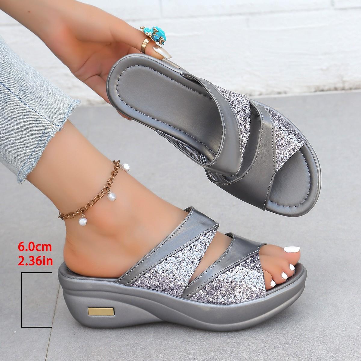 

Wind large size solid color 2025 summer new round head sequins fashion women s one-word thick-soled slippers 42 серебряный