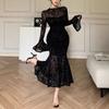 Women Floral Flocked Mesh Mermaid Midi Dress Long Bell Sleeve Mock Neck Ruched Bodycon Sheer Black Elegant Evening Cocktail Party Formal Dress