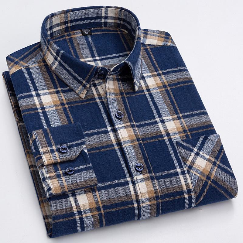 Men's Spring and Autumn Brushed Cotton Top Plaid T-shirt Casual Long Sleeve Turn Down Collar Shirt