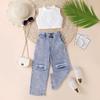 Mädchenmode-Set: Sommer Kinder Freizeit Einfarbig Ärmellos Pullover und Denim Hose Zweiteiliges Set