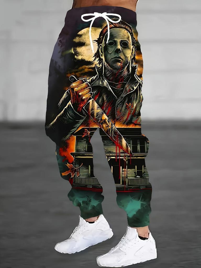 Pantaloni Jogger cu Imprimeu pentru Bărbați cu Design Dragon Chinezesc Alb și Gri, Pantaloni de Trening Casual Streetwear