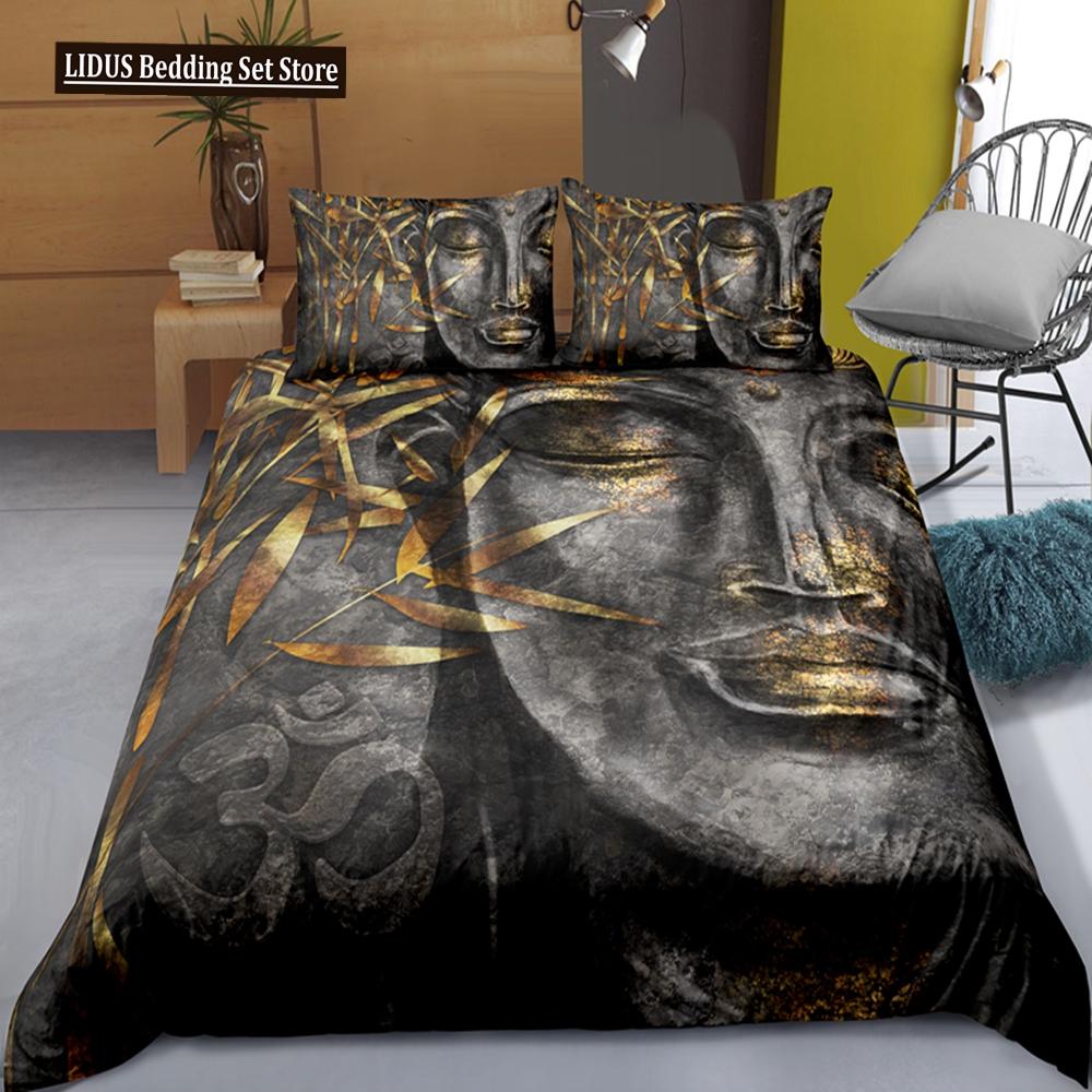 Mandala Buddha Duvet Cover Set King Size Exotic Ethnic Bohemian Bedding Set Golden Black Lotus Flowers Gorgeous Comforter Cover