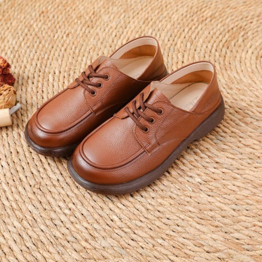 Top‑Layer Cowhide Mom Shoes, Round Toe Low Heel Shallow Mouth Dance Shoes, Breathable Versatile Flat Casual Leather Shoes SA‑2289