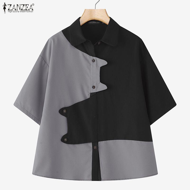 ZANZEA Women Casual Turn Down Collar Loose Short Sleeve Blouse
