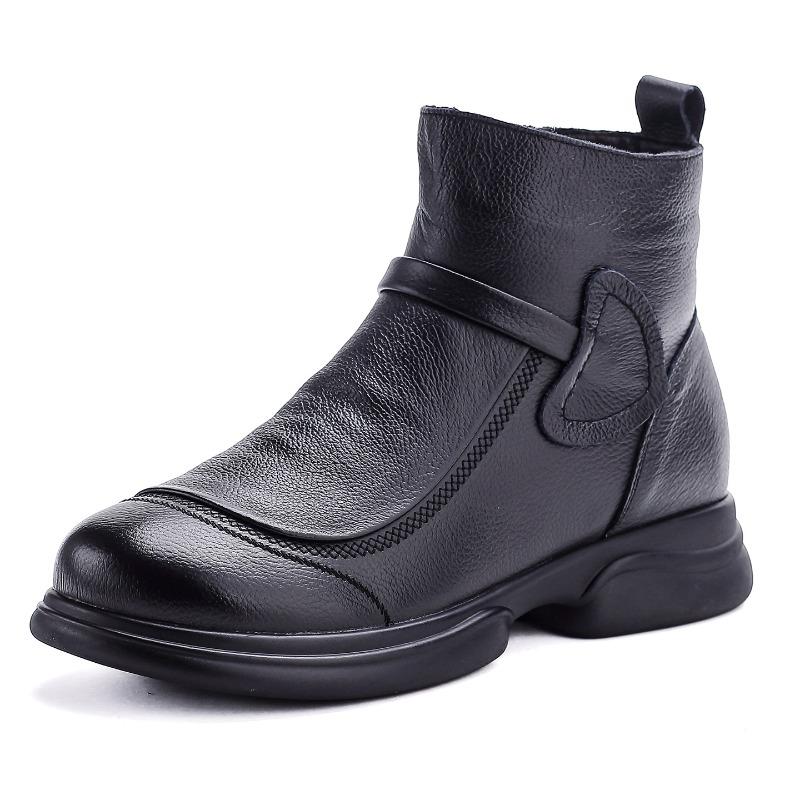Autumn and winter new first-layer cowhide thick-heeled retro Martin boots medium and old boots women's velvet short boots genuine leather single boots