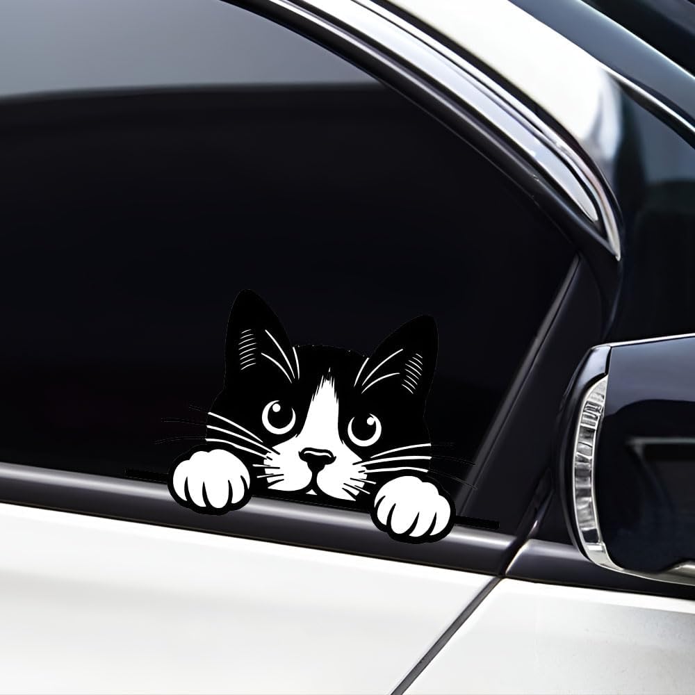 Peeking Cat Car Stickers Car Window Decals, Waterproof Removable Vinyl Black White Animal Decals for Cars Motorcycles Laptops, Funny Pet Design,