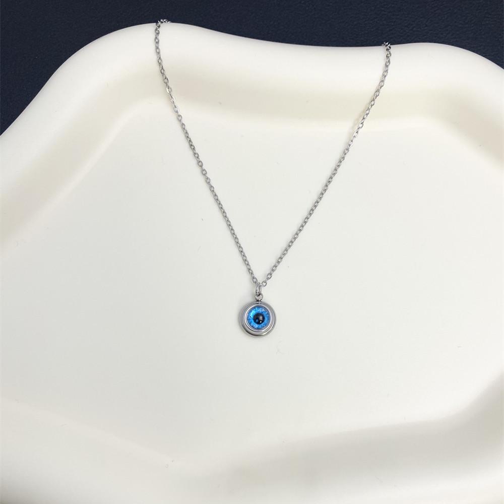 Titanium Steel Blue Evil Eye Pendant Necklace with 18K Gold and Retro Style Earrings