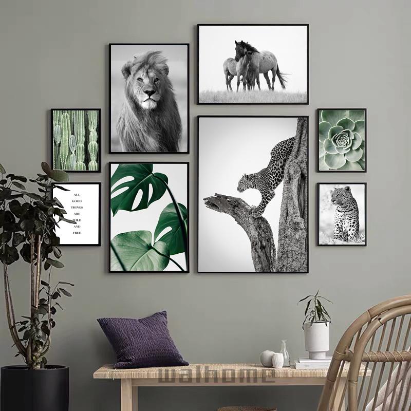 Monstera Leaf Green Plant Poster Animal Lion Leopard Horse Photos Nordic Decorative Paintings Canvas Wall Art Picture Home Decor