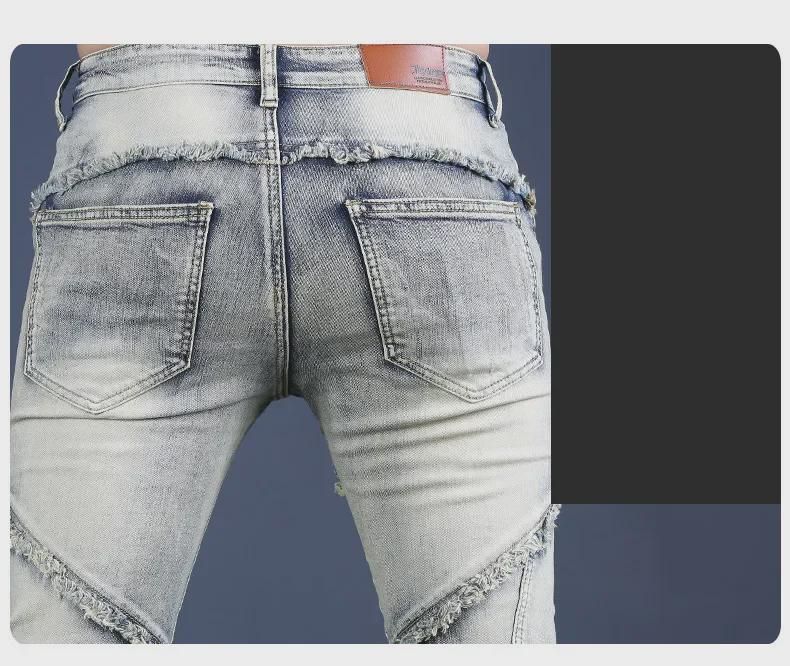 Men's American Retro Washed Slim Fit Workwear Jeans - Skinny, Scraped Edge for Spring & Autumn