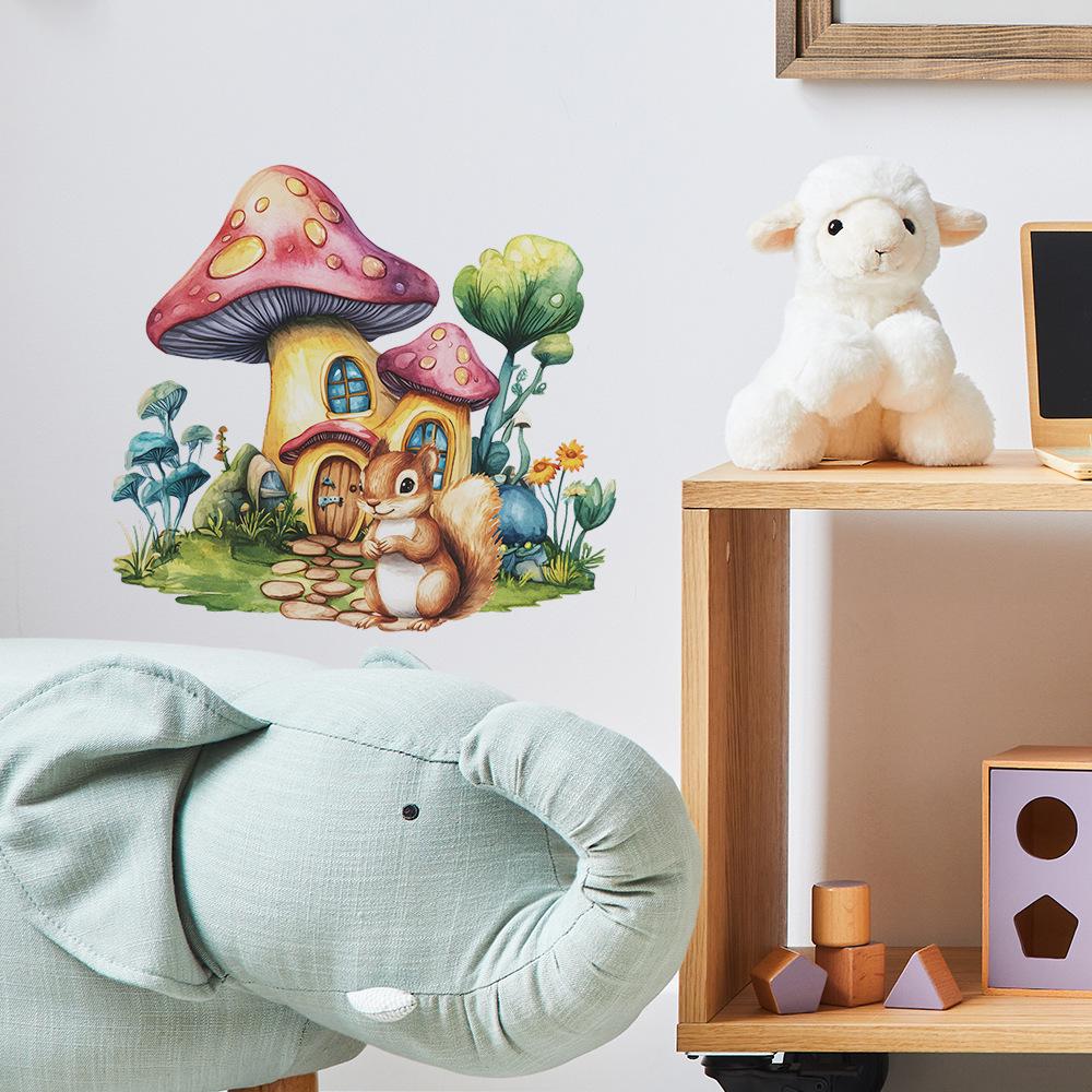 Mushroom House Squirrel Wall Sticker Self-Adhesive Removable for Bedroom Living Room Hallway Closet Dorm Home Decor Art