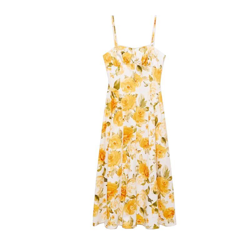 

Summer Clothing New Women clothes Mid-Length Yellow Rose Print Sling Vacation Travel Dress 87009083 Yellow L