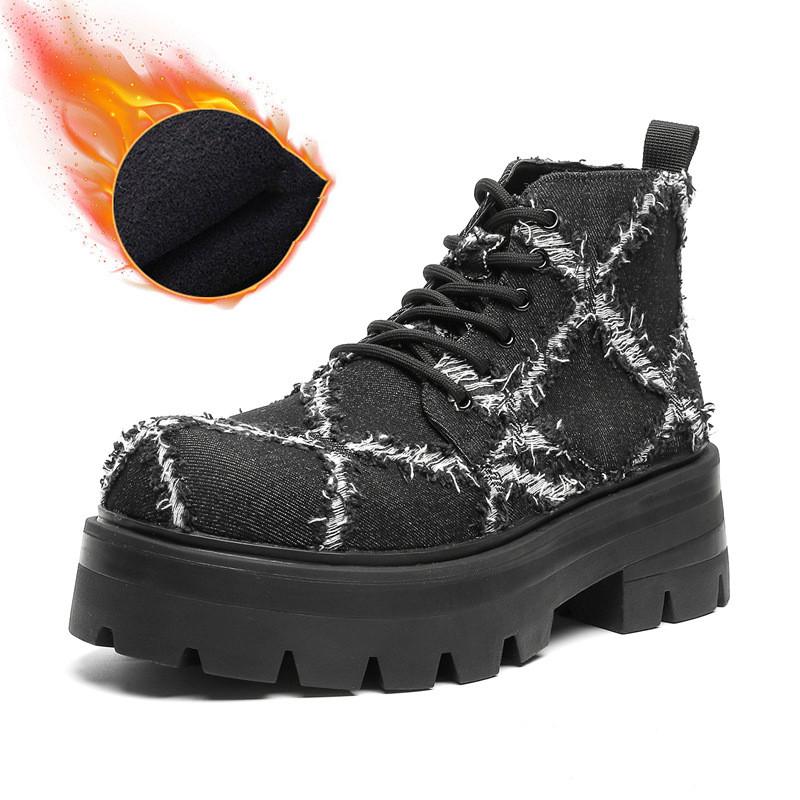 mens fashion platform boots lace-up canvas shoes cowboy autumn winter boot punk hip hop dress black designer stylish ankle botas