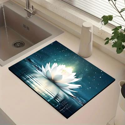 1Pcs Rubber Drying Mat With  Lotus Pattern For Coffee Shop Restaurant Kitchen Carpet Tableware Durable Diatom Mud Table Mat Pet Mat Coffeeware