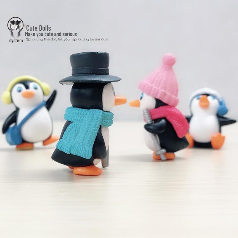 PVC Cartoon Skiing Penguin Figurine Keychain and Micro-Landscape Ornament Toy