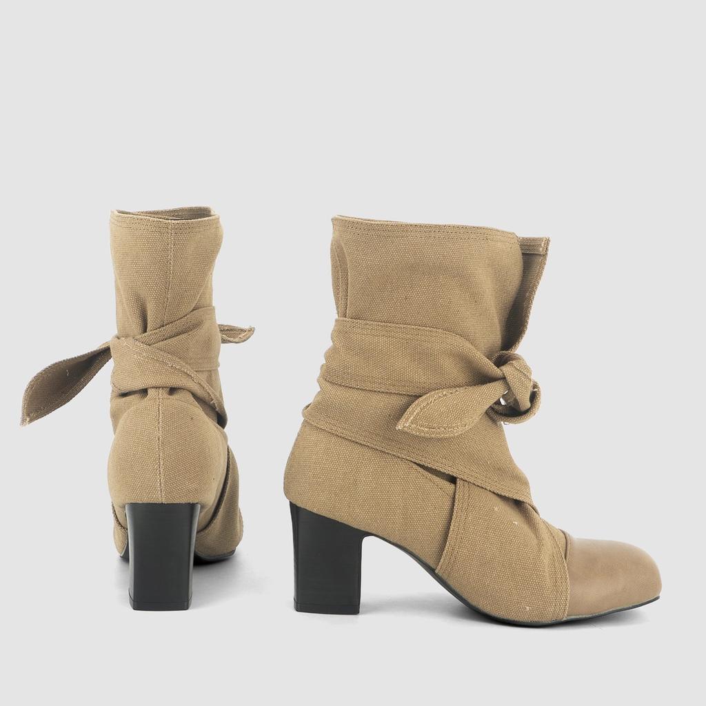 2025 New Canvas Butterfly-Knot Square Heels Boots Women Round Toe Slip-On Modern Boots Women High Heels Western Ankle Boot