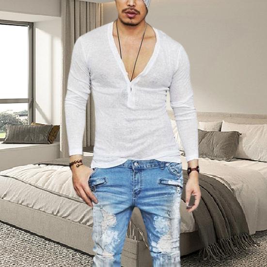 Deep V-neck Men T-shirt Long Sleeve Thin Elastic Quick Drying Summer Solid Color Slim Fit Tee Top Streetwear