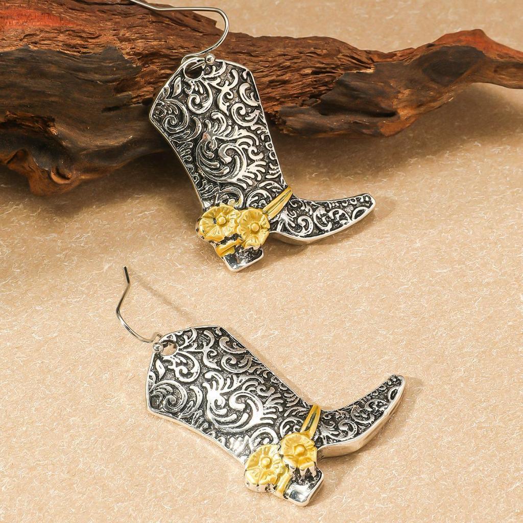 Retro Western Rose Double-Color Boots Earrings - Trendy Alloy Totem Design