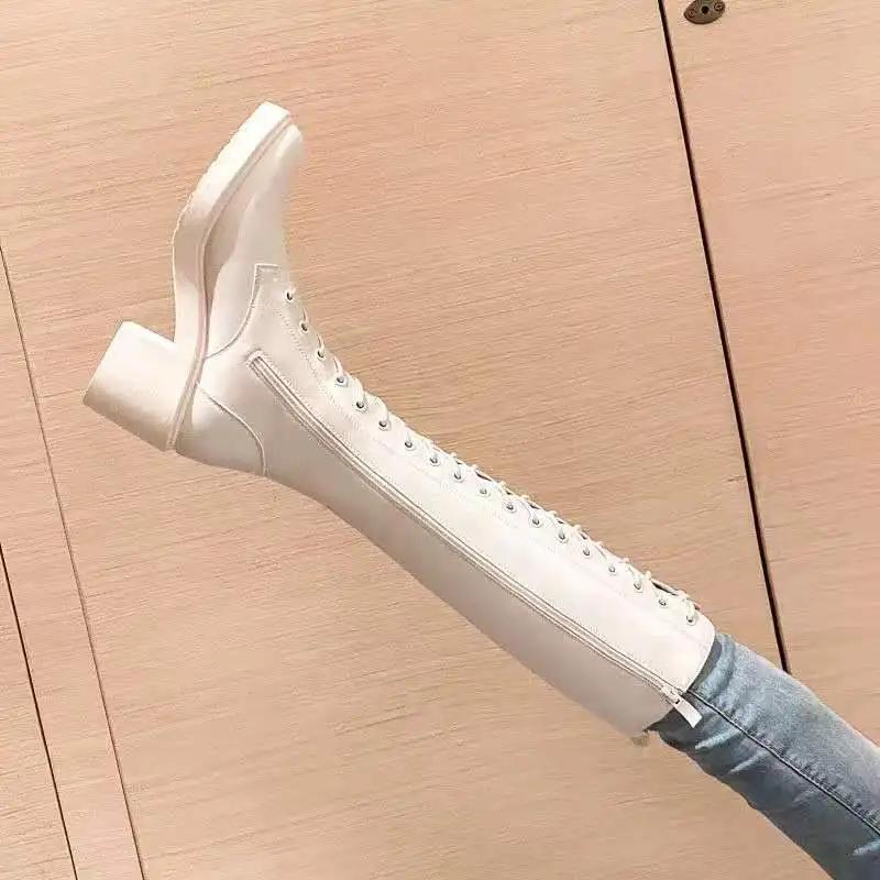 Leather Elegant Ladies Knee High Shaft Shoes Round Toe Demi-season Large Size Warm Trend 2024 New In On Offer Women's Long Boots