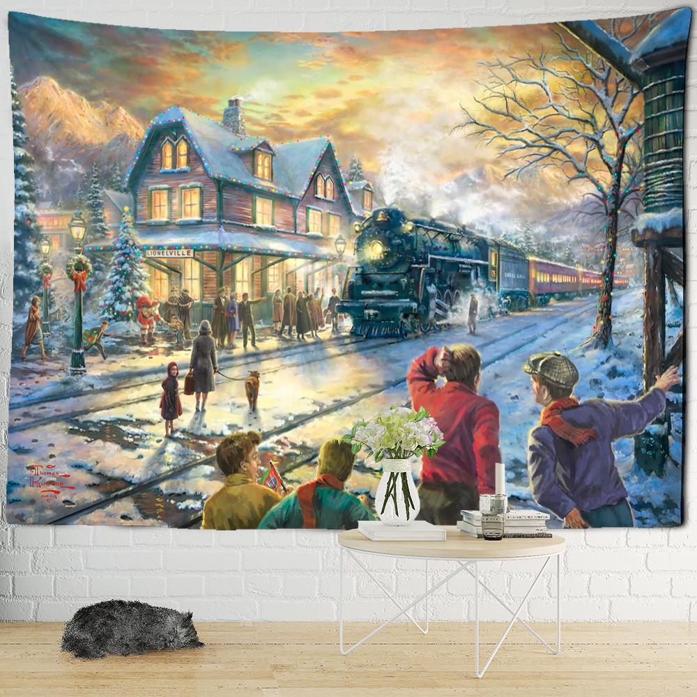 Christmas Snowy Night Travel Map Tapestry Wall Hanging Psychedelic Forest House Illustration Home Living Room Decor