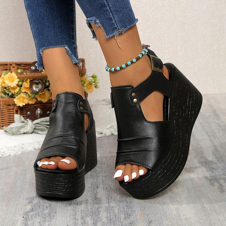 Keilsandalen mit großem Absatz, Damen-Frühlings-Sandalen mit Ein-Wort-Schnalle, europäische und amerikanische Mode, Plateausandalen, bequem und atmungsaktiv